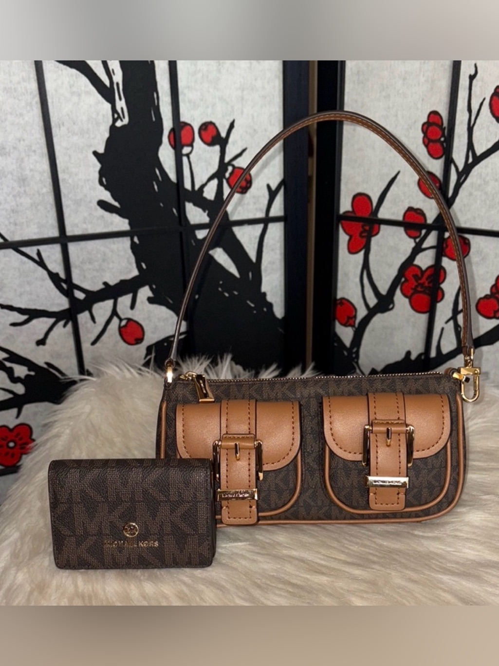 Michael Kors Zoe Pouchette/Jet Set Charm Id Card Case Wallet 2 Pc Set